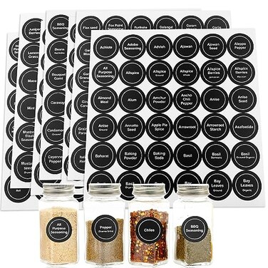 LOPURO Spice Labels 432Pcs Spice Labels Stickers 14in Waterproof Adhesive Round Preprinted Spice with Blank Label Black Tear Resistant Sticker for Kitchen Jars Caps Food Containers Spice Organizers