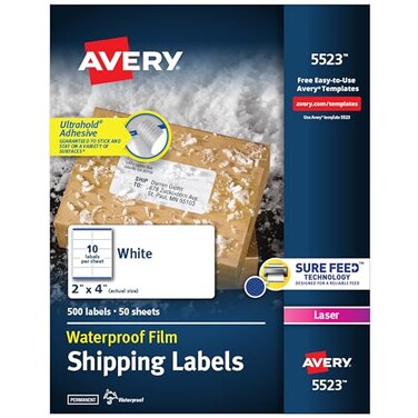 Avery Waterproof Labels with UltraHold Permanent Adhesive 2 x 4 500 Labels for Laser Printers 5523