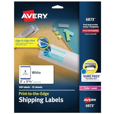 Avery PrinttotheEdge Printable Shipping Labels 2 x 375 Matte White Sure Feed Technology Laser Inkjet Compatible 200 Blank Labels Great for Mailing Branding and More 6873