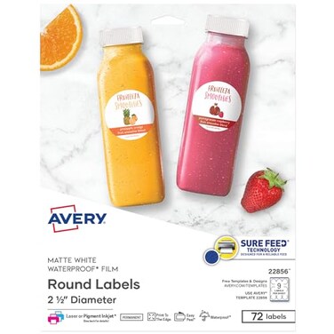 Avery Durable Waterproof Round Labels Sure Feed Technology 25 Diameter White Laser PigmentInkjet Compatible 72 Blank Labels Total Great for Branding Packaging and More 22856