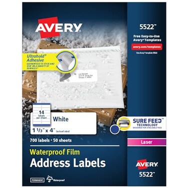 Avery Durable Waterproof Address Labels with Sure Feed Technology 113 x 4 White Laser Printer Compatible 700 Blank Labels per Pack Great for Mailing Branding and More 5Pack of 5522