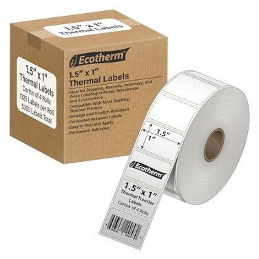 Ecotherm 15 x 1 Thermal Labels 4 Rolls 5300 Labels fits Zebra Godex Arkscan iDPRT Offnova Thermal Label Printers and More Blank White Adhesive Stickers by