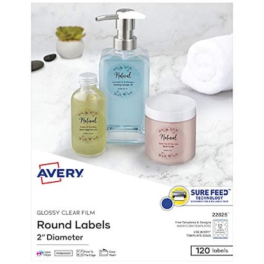 Avery Printable Round Labels with Sure Feed 2 Diameter Glossy Clear 120 Customizable Labels 22825
