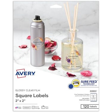 Avery Printable Blank Square Labels 2 x 2 Glossy Crystal Clear 120 Customizable Labels 22853