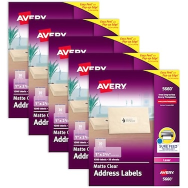 Avery Printable Address Labels Sure Feed Technology 1 x 258 Matte Clear Laser Printable 1500 Blank Labels per Pack Great for Mailing Branding and More 5Pack of 5660