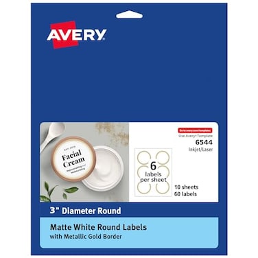 Avery Matte White Labels Metallic Gold Borders 3 Round Labels 60 Total LaserInkjet Printable 6544