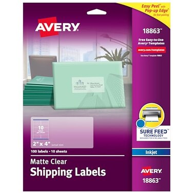 Avery Printable Shipping Labels with Sure Feed 2 x 4 Matte Clear 100 Blank Mailing Labels 18863