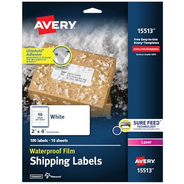 Avery Waterproof Printable Shipping Labels with Sure Feed 2 x 4 White 100 Blank Mailing Labels 15513