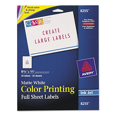 Avery Printable Shipping Labels 85 x 11 Matte White Inkjet Printer Compatible 20 Blank Labels Great for Signage Packaging School Supplies and More 8255
