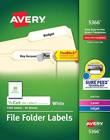 Avery TrueBlock File Folder Labels 23 x 3716 White 5 Packs 7500 Printable Labels Total 5366