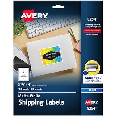 Avery Printable Shipping Labels 313 x 4 Matte White Sure Feed Technology Inkjet Printer Compatible 120 Blank Labels Great for Mailing Branding School Supplies and More 8254