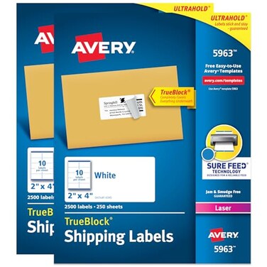 Avery Printable Shipping Labels with Sure Feed 2 x 4 Customizable Stickers White 5000 Blank Mailing Labels Great for Mailing Shipping and More 2Pack of 5963