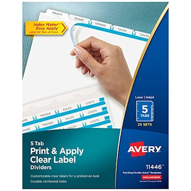 Avery 5 Tab Dividers for 3 Ring Binder Easy Print Apply Clear Label Strip Index Maker Customizable White Tabs 25 Sets 11446