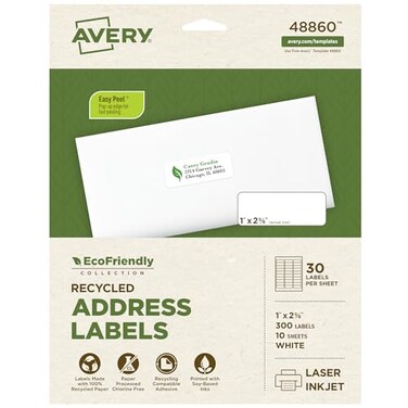 Avery EcoFriendly Recycled Address Labels 1 x 258 White Permanent Label Adhesive 300 Printable Labels 48860