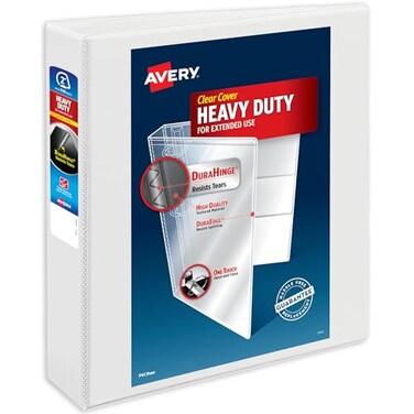 Avery HeavyDuty View 3 Ring Binder 2 Inch One Touch Slant Rings 530Sheet Capacity DuraHinge 28 Inch Wide Spine Customizable Clear Cover and Spine 1 White Binder 79792
