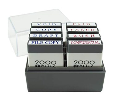 2000 Plus Mini Message Stamp Set with Storage Tray PreInk and SelfInk for Business and Office 8 Messages Red and Blue Ink 030219