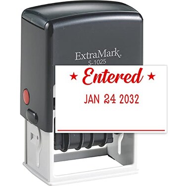 ExtraMark S1025 Professional Self Inking Office Date Stamp with Entered Phrase Style P Red Color Ink