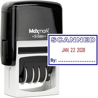MaxMark Office Self Inking Date Stamp with Phrase Scanned 2 Color BlueRed Ink