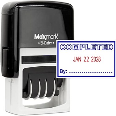 MaxMark Office Self Inking Date Stamp with Phrase Completed 2 Color BlueRed Ink