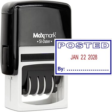 MaxMark Office Self Inking Date Stamp with Phrase Posted 2 Color BlueRed Ink