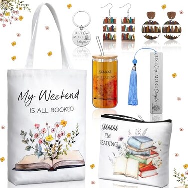 Ziliny 7 Pcs Book Lovers Gifts Set Book Makeup Bag Earrings Metal Bookmarks Keychain Glass Cup for Reader Gifts AccessoriesClassic