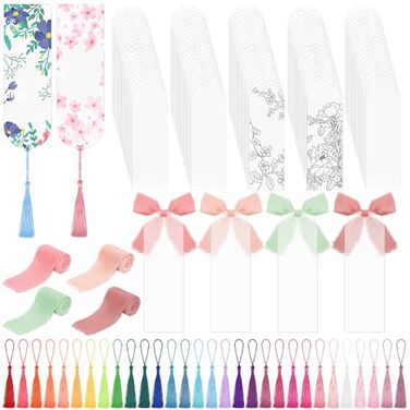 BOBOKA 100 Pieces Acrylic Bookmark Blanks Clear Acrylic Bookmarks with 30 Pieces Tassels and 4 Rolls Chiffon Silk Ribbon Transparent DIY Bookmarks for Book Lover Crafts Present Tag Reading Accessories