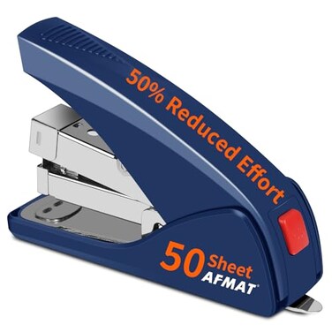 AFMAT Effortless Stapler for Desk 50 Sheet Capacity Low Force Builtin Staple Remover One Finger Touch Stapling Desktop Stapler Portable Space Save Size Good for Home Office ES10Blue