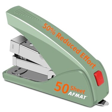 AFMAT Effortless Stapler for Desk 50 Sheet Capacity Low Force Builtin Staple Remover One Finger Touch Stapling Desktop Stapler Portable Space Save Size Good for Home Office ES10Green