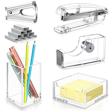 Gersoniel 6 Pieces Clear Office Desk Accessories for Student Back to School Office Supplies Include Acrylic Tape Dispenser Notepad Holder Stapler Pen Holder Staple Remover for Student Teacher