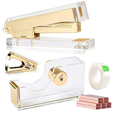 VOSTOR Acrylic Gold Tape Dispenser Desktop Stapler Includes Staple Remover Tape 1000pcs Staples Cute Office Stapler Set for Modern Design Desk Accessory Kit