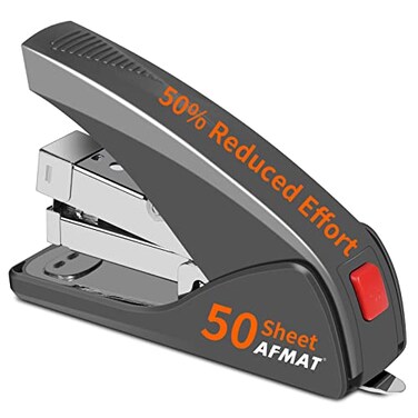 AFMAT Effortless Stapler for Desk 50 Sheet Desktop Stapler Ergonomic Office Staplers One Finger Touch Stapling Builtin Remover Portable Space Save Size Good for Home Office ES10Gray