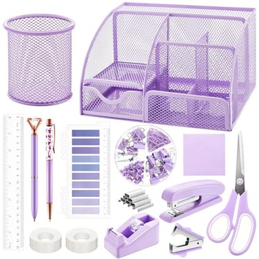 Fayoo 15 Pcs Purple Office Supplies Set Mesh Desk Organizer Accessories Kit Include Stapler Tape Dispenser Staple Remover Clips Ruler Scissors Sticky Notes for Office School Home Women Purple
