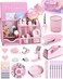 LXEVIHK Pink Desk Accessories 24Pcs Pink Office Supplies and Desk Organizers with Tape Dispenser Stapler Staple Remover Ect Gift Box Packaging