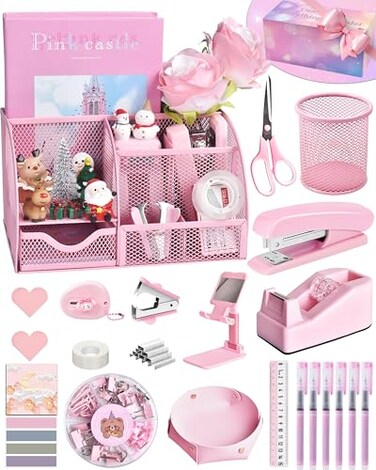 LXEVIHK Pink Desk Accessories 24Pcs Pink Office Supplies and Desk Organizers with Tape Dispenser Stapler Staple Remover Ect Gift Box Packaging