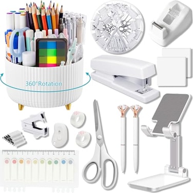 suniya Office Supplies White Desk AccessoriesDesk OrganizerPhone StandScissorsStaplerTape DispenserBinder clipsStaplesstaple removerSticky NotesIndex TabsClear TapeMini Box CutterCool Pen16pcs