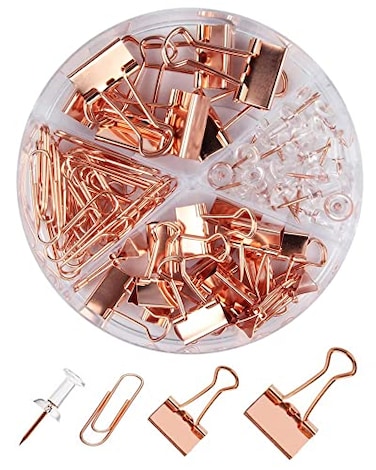 CREECHWA Paper Clips and Binder Clips Set Metal Assorted Sized Binders with Push Pins Cute Office Supplies for Desk Desk Accessories Rosegold