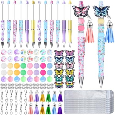Qeeenar 130 Pcs Beadable Pens Kit Butterfly Bead Plastic Ballpoint Pen with Assorted Spacer Silicone Bead Tassel Lobster Clasp and Packaging Bag for Keychain Making Office Friends Gift Black Ink
