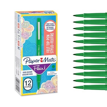 Paper Mate Flair Felt Tip Pens Medium Point 07 mm Marker Pens Green Pens for Writing Marking Drawing Sketching 12 Count