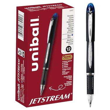 Uni-Ball Jetstream Stick Ballpoint Pen Bold 1 mm Blue Ink Black Barrel 1 Dozen