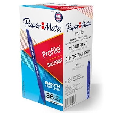 Paper Mate Profile Ballpoint Pens Retractable Medium Point 10mm Blue Ink 36 Count Comfort Grip Bulk Pack Home Office Teacher Supplies