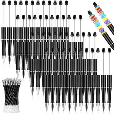Crtiin 100 Pieces Plastic Beadable Pen Bulk Kit 50 Bead Ballpoint Shaft Black Ink Beaded Pens with 50 Refills for DIY Making Gift for OfficeBlack