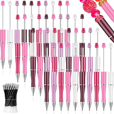 Crtiin 100 Pieces Plastic Beadable Pen Bulk Kit 50 Bead Ballpoint Shaft Black Ink Beaded Pens with 50 Refills for DIY Making Gift for OfficePink Purple