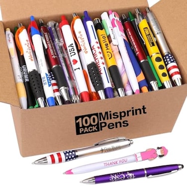 Sikao Wholesale Lot of 100 Misprint Pens Bulk Assorted Ballpoint Pens Smooth Writing Blue Black ink Misprinted Random Pens for Waitress Server Office School