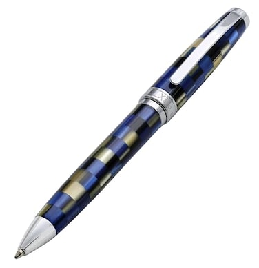 Xezo Urbanite Ballpoint Pen Medium Point Retro Blue Black and Cream Checkered Acrylic on Brass and Aluminium Chrome Plated Limited Edition and Serialized No Two Alike