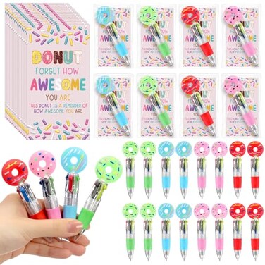 Sayglossy 24 Sets Donuts Pens Gift Bulk 4in1 Funny Multicolor Ballpoint Pen with Positive Cards for Teacher Coworker Employe Appreciation Office Gift
