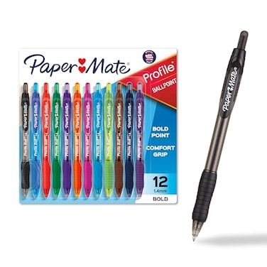Paper Mate Profile Retractable Ballpoint Pens Bold Point 14mm Assorted Colors 12 Count Back to School Office Teacher Supplies