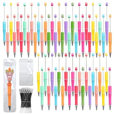DASTTUIS 150 Pieces DIY Beadable Pens Kit 50 plastic Beadable Pens Bulk Refills pen bags Included Beaded Pens Black Ink Ballpoint Cute PensBright