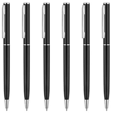 Unibene 6 Pack Slim Metallic Retractable Ballpoint Pens Matte Black Chrome Metallic Retractable 10mm Medium Point Black Ink with 6 Stainless Steel Refills for Business Office Gift