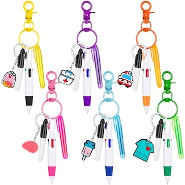 KFPPLXQ 30 Pieces Nurse Badge Pens Mini Highlighter Pens Bulk Include Pink and Purple Tip Highlighter Permanent Marker Retractable Ball with Keychain Clip Retractable for Cna Women Student Gift