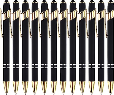 LINFANC 12 Pack Black Gold Ballpoint Pen with Stylus Tip 10 mm Black Ink Smooth Writing Pens Metal Stylus Pens for Touch Screens